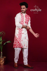 Daisy white & red authentic kantha stitch cotton mens kurta men’s intricate 2