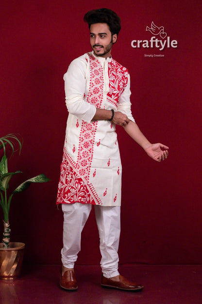 Daisy white &amp; red authentic kantha stitch cotton mens kurta men’s intricate 2