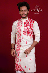 Daisy white & red authentic kantha stitch cotton mens kurta men’s long-sleeved 4
