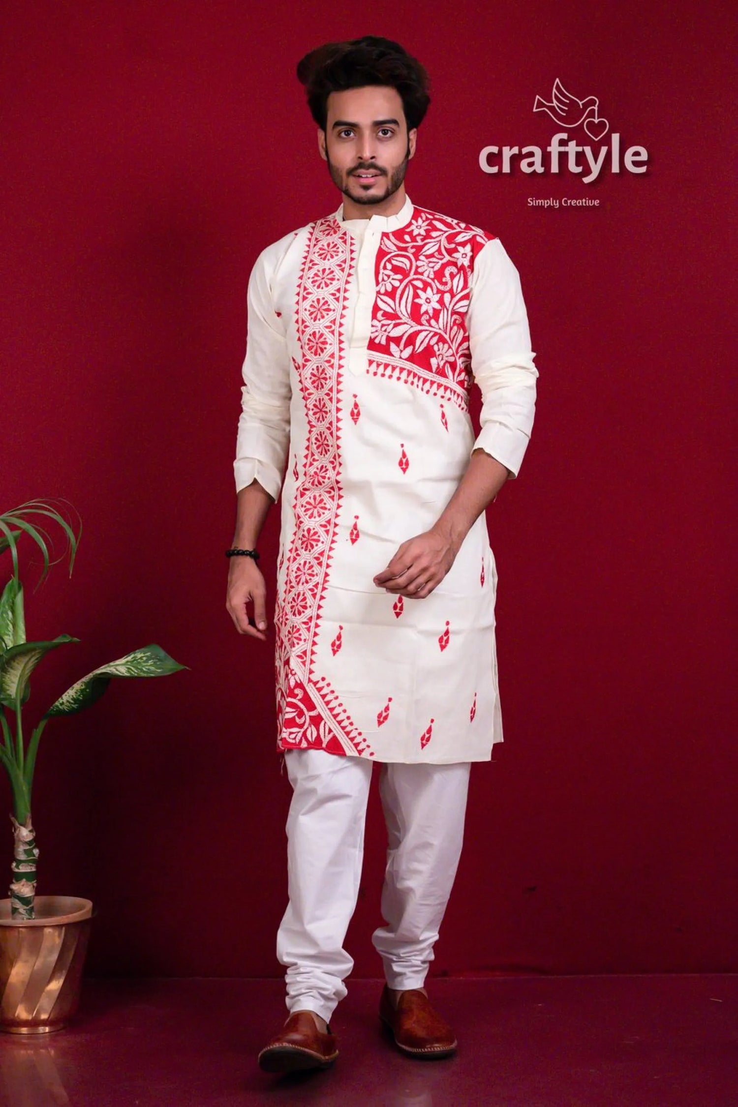 Daisy white &amp; red authentic kantha stitch cotton mens kurta men’s intricate 1