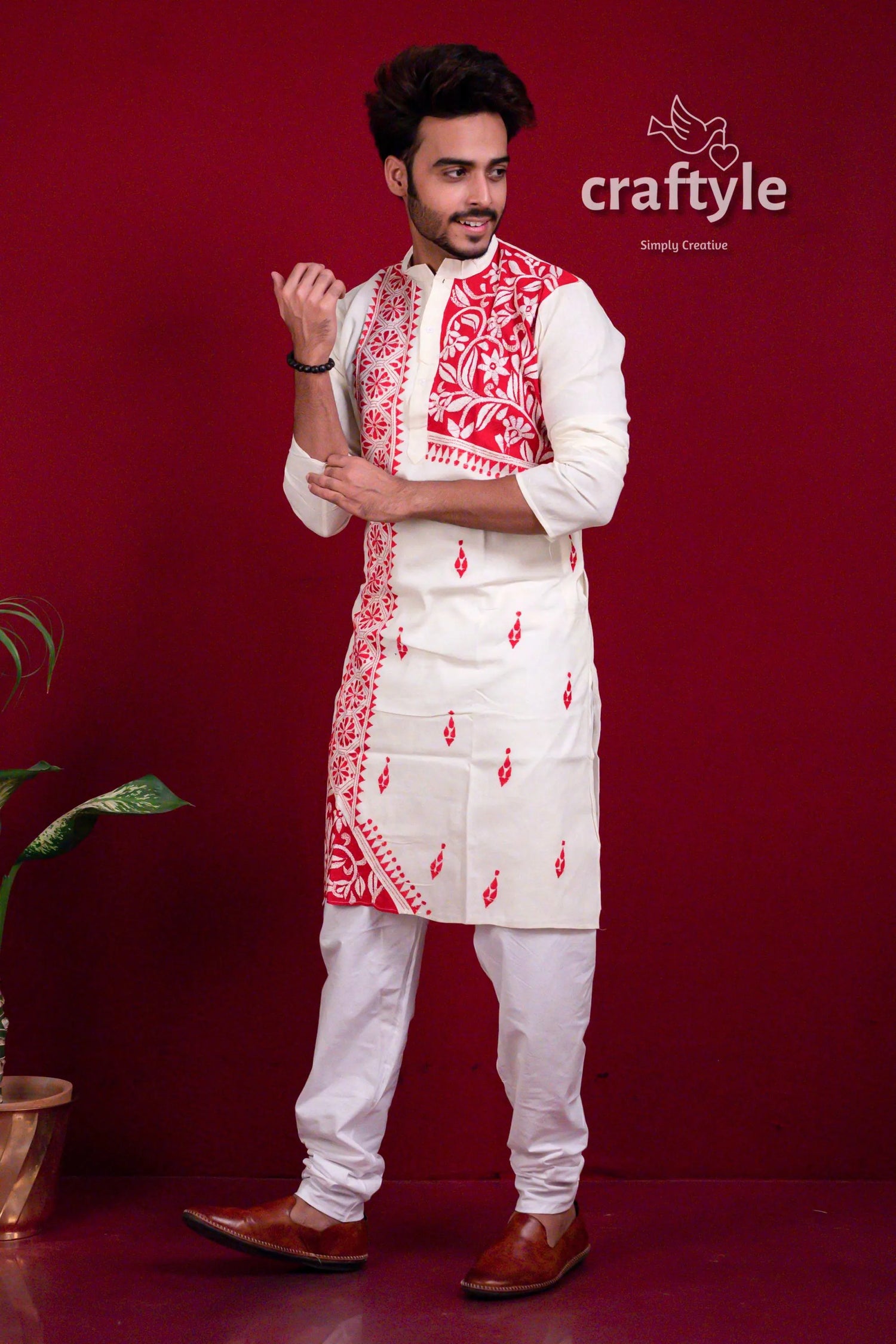 Daisy white &amp; red authentic kantha stitch cotton mens kurta men’s embroidered 3