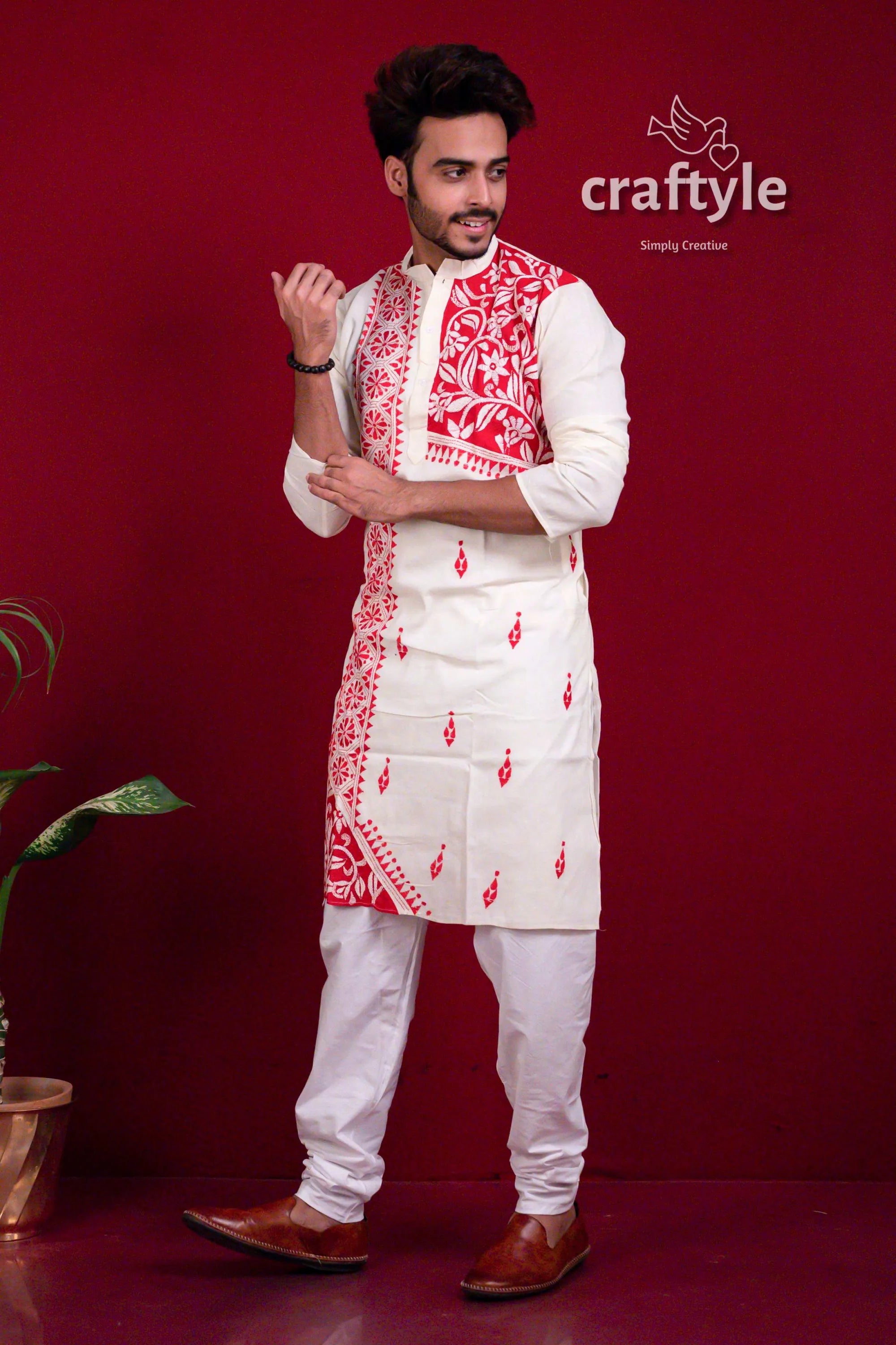 Daisy white &amp; red authentic kantha stitch cotton mens kurta men’s embroidered 3