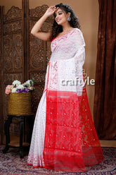 Daisy White & Red Bengal Jamdani Saree - Craftyle