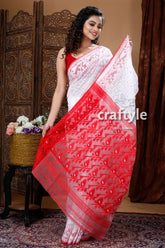Daisy White & Red Bengal Jamdani Saree - Craftyle