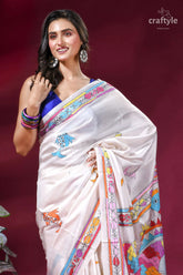 Daisy white silk kantha embroidery saree with artisanal fish motif white silk saree adorned colorful 2