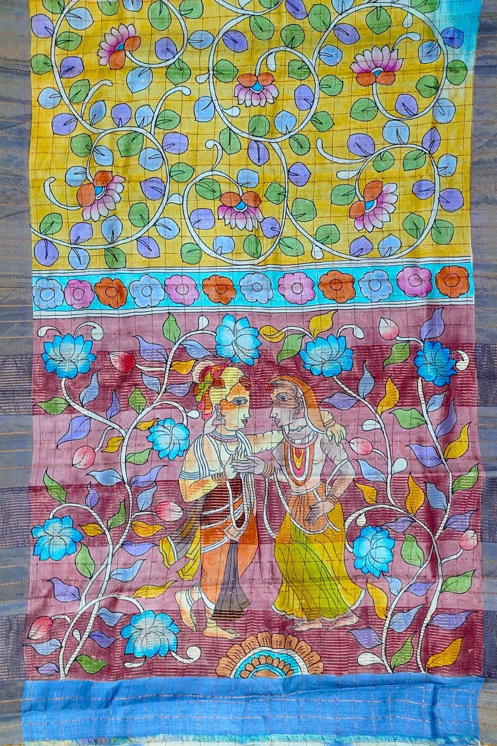 Dandelion yellow authentic zari pure tussar kalamkari art saree hand-painted silk fabric floral figurative 5