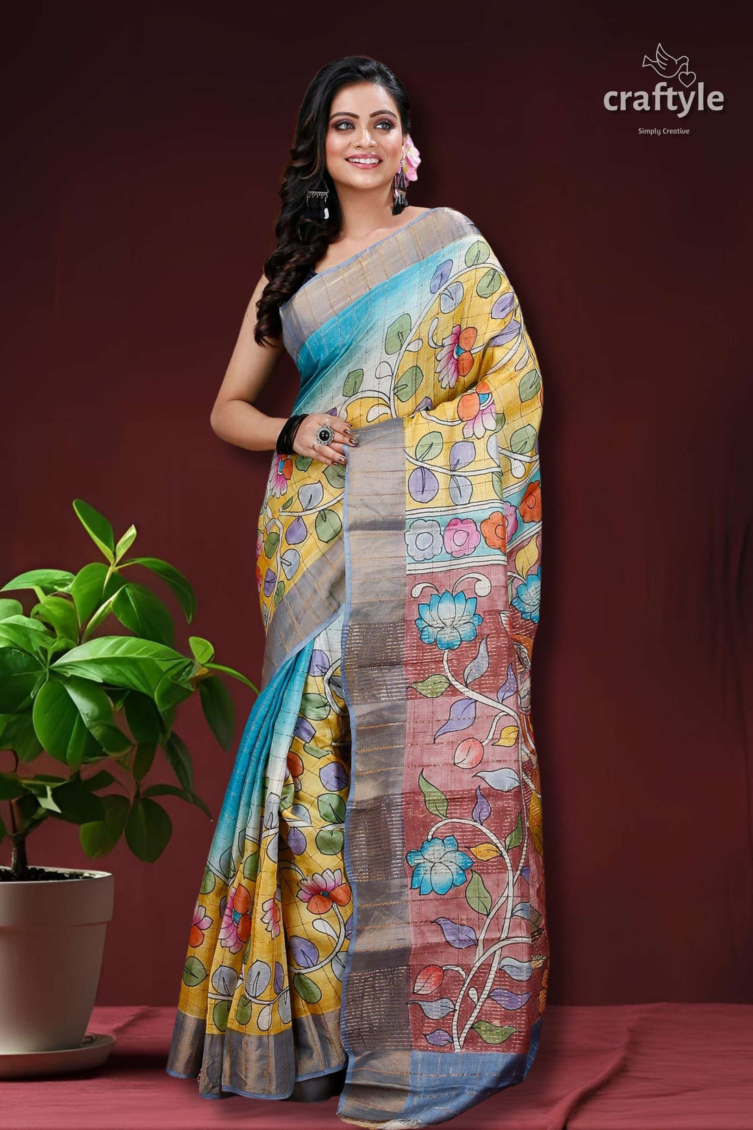 Dandelion Yellow Authentic Zari Pure Tussar Kalamkari Art Saree-Craftyle