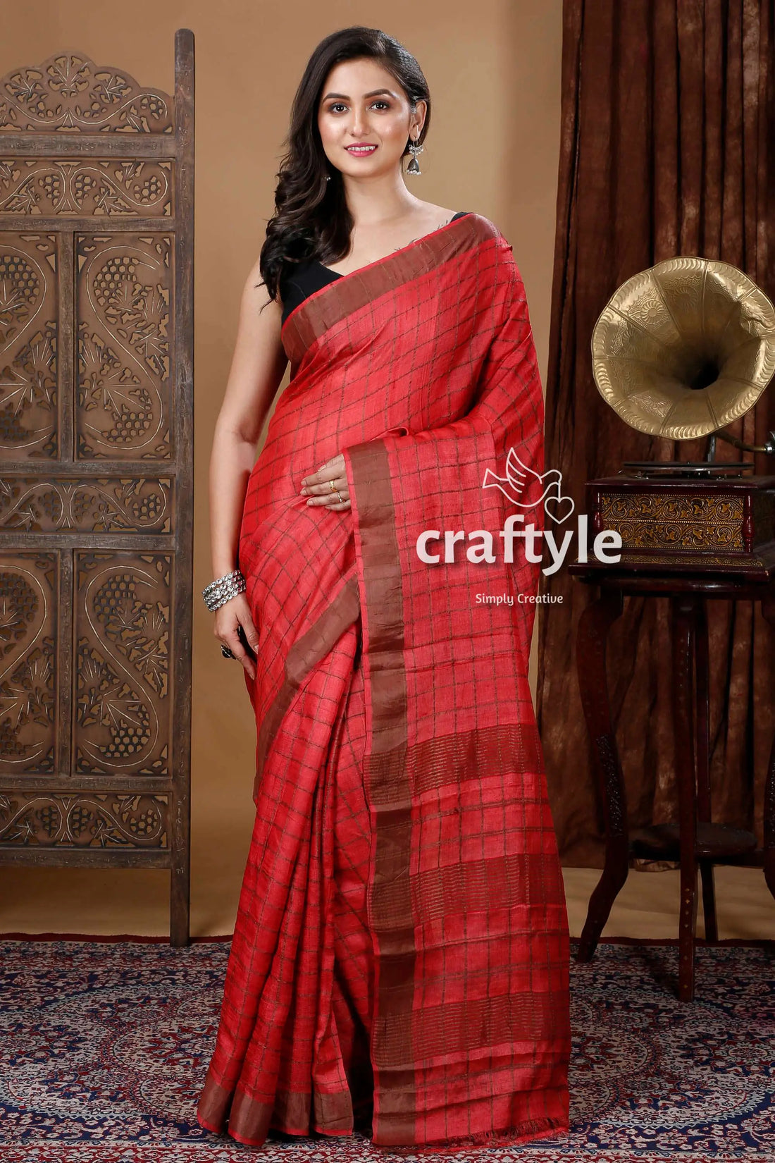 Dark apple red authentic zari pure tussar kalamkari art saree red brown checkered saree 1