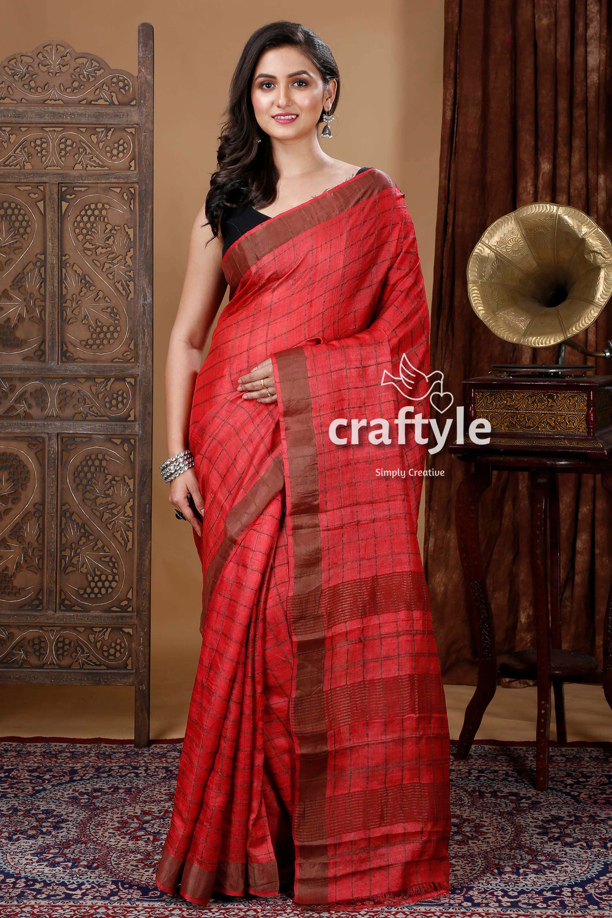 Dark Apple Red Authentic Zari Pure Tussar Kalamkari Art Saree - Craftyle