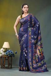 Dark blue bird motif kantha embroidery silk saree navy blue silk saree adorned 6