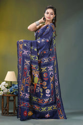 Dark blue bird motif kantha embroidery silk saree navy blue silk saree adorned 3