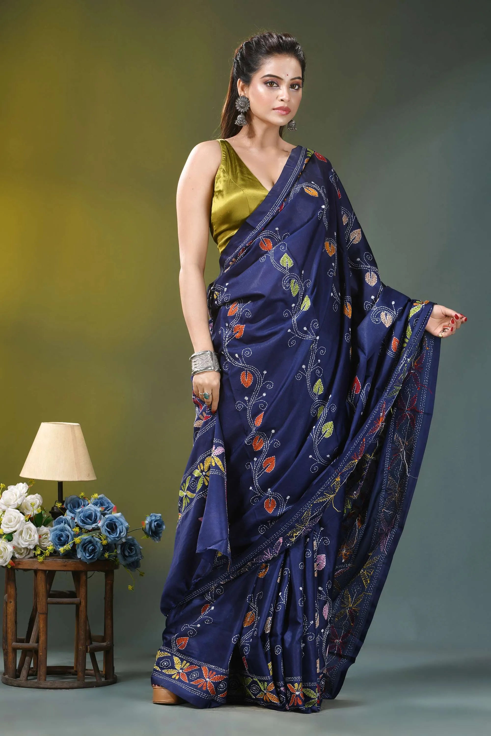 Dark blue bird motif kantha embroidery silk saree deep navy blue silk saree 4