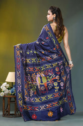 Dark blue bird motif kantha embroidery silk saree navy blue silk saree adorned 5