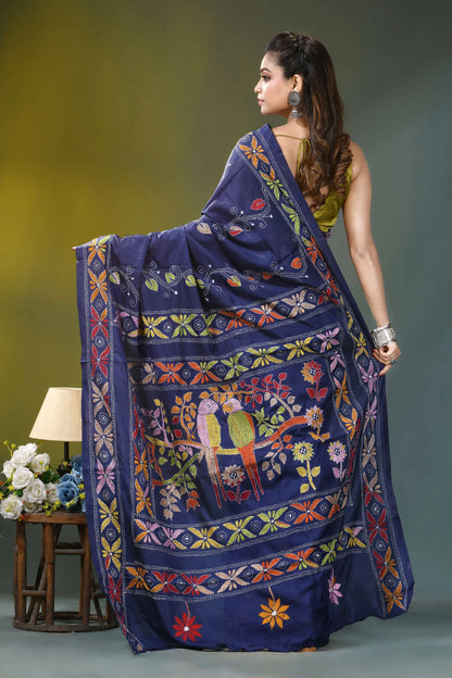 Dark blue bird motif kantha embroidery silk saree navy blue silk saree adorned 5