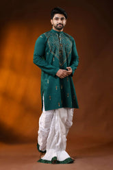 Dark blue green men’s cotton reverse kantha kurta - multicolor floral handcrafted 5