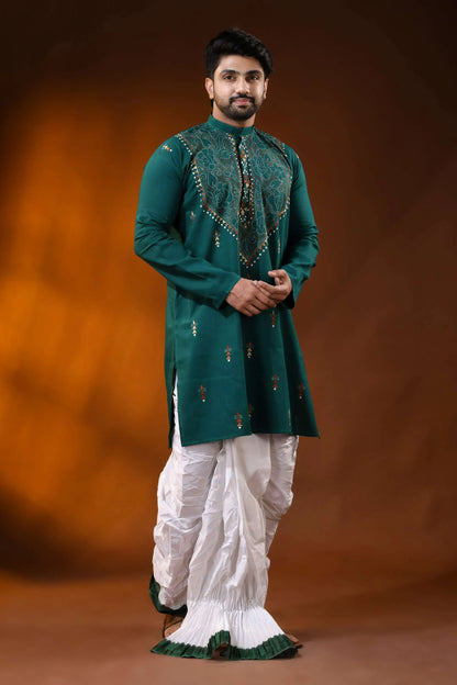 Dark blue green men’s cotton reverse kantha kurta - multicolor floral handcrafted 5