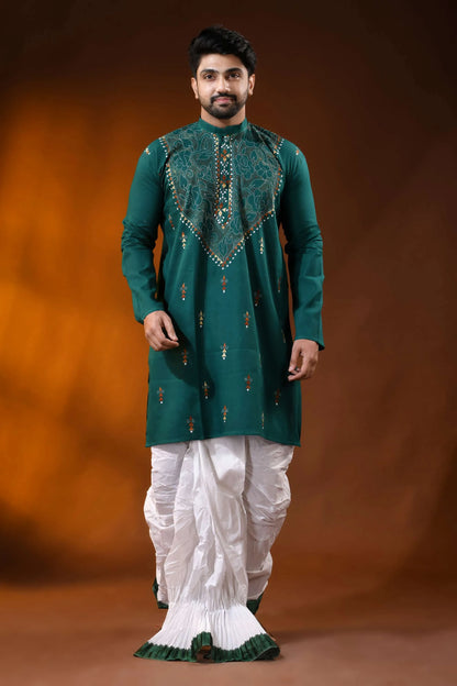 Dark blue green men’s cotton reverse kantha kurta - multicolor floral handcrafted 1