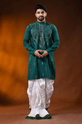 Dark blue green men’s cotton reverse kantha kurta - multicolor floral handcrafted 8