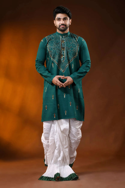 Dark blue green men’s cotton reverse kantha kurta - multicolor floral handcrafted 8
