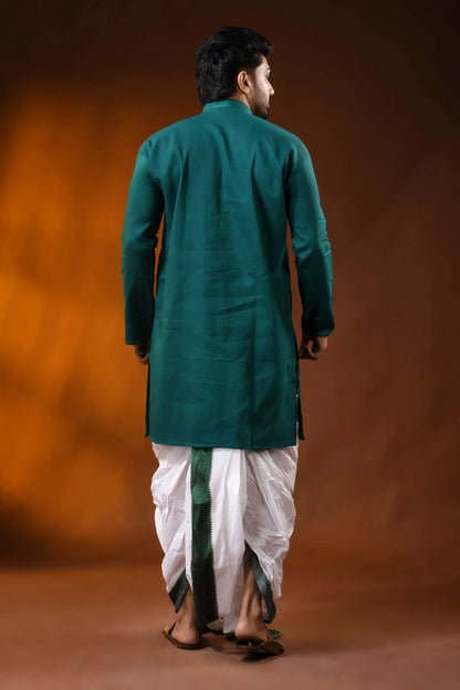 Dark blue green men’s cotton reverse kantha kurta - multicolor floral handcrafted 6