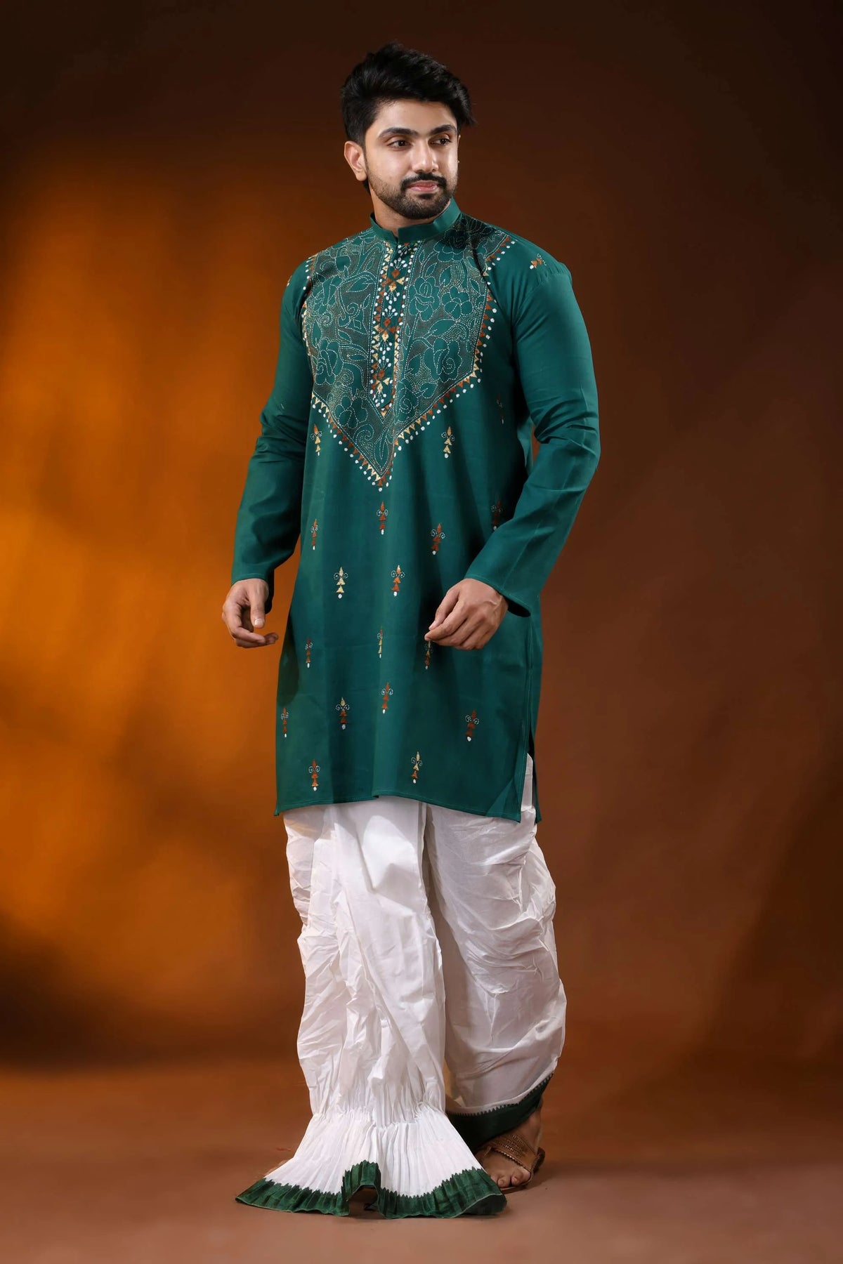 Dark blue green men’s cotton reverse kantha kurta - multicolor floral handcrafted 4