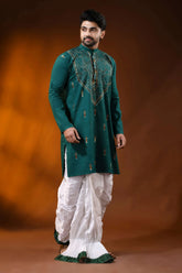 Dark blue green men’s cotton reverse kantha kurta - multicolor floral handcrafted 7