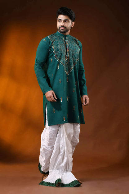 Dark blue green men’s cotton reverse kantha kurta - multicolor floral handcrafted 7