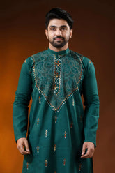 Dark blue green men’s cotton reverse kantha kurta - multicolor floral handcrafted 2