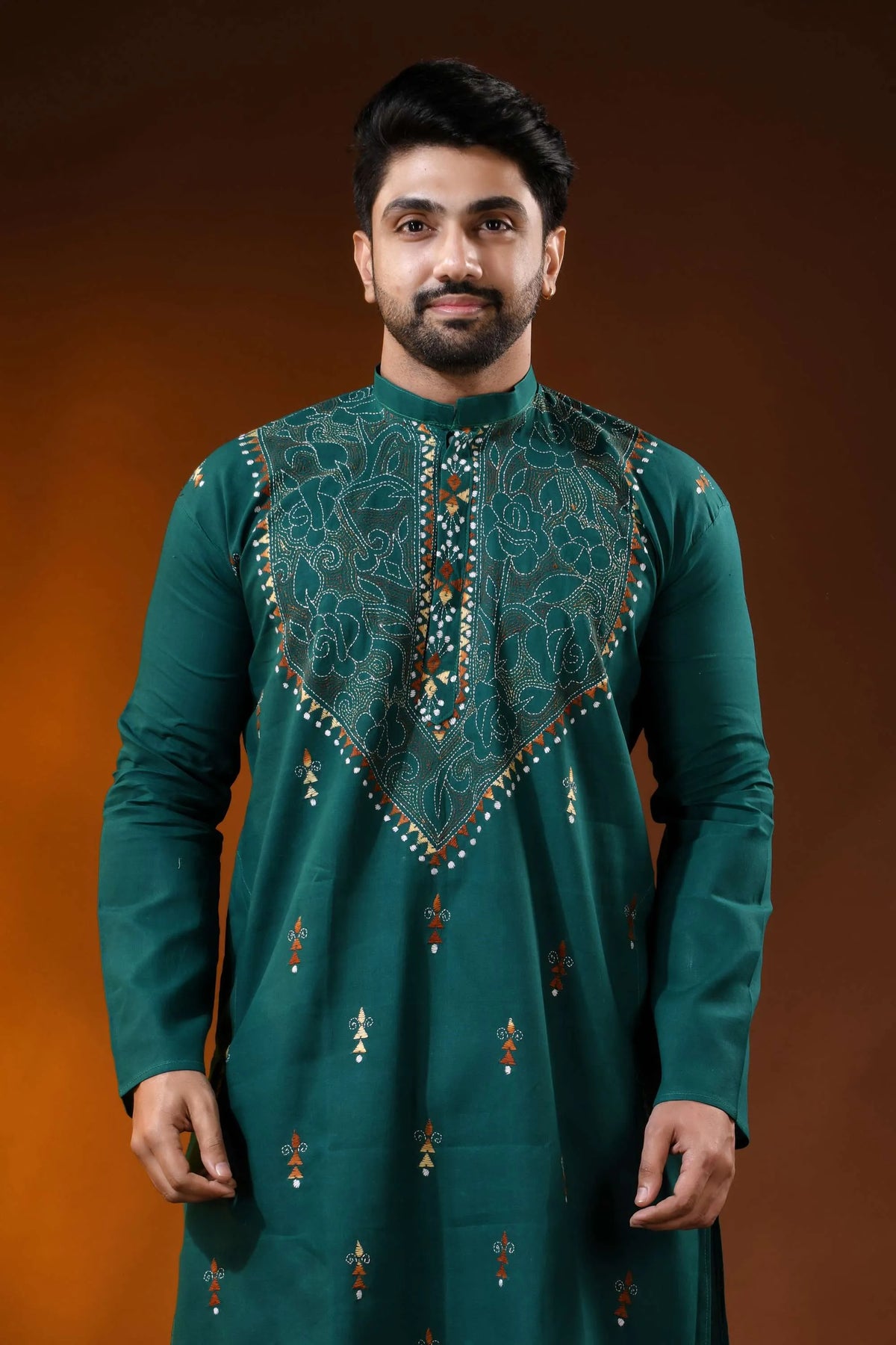 Dark blue green men’s cotton reverse kantha kurta - multicolor floral handcrafted 2