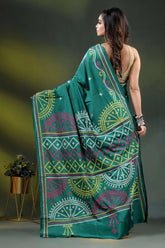 Dark blue green silk gujrati stitch saree with multicolor thread work 5