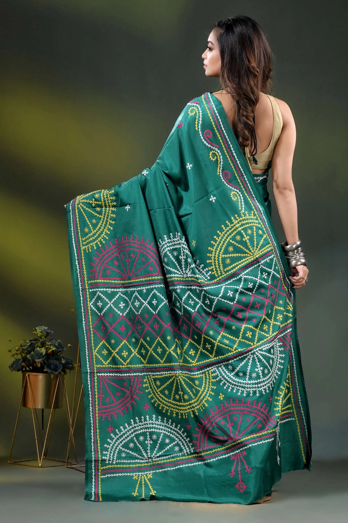 Dark blue green silk gujrati stitch saree with multicolor thread work 6