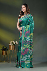 Dark blue green silk gujrati stitch saree with multicolor thread work 3
