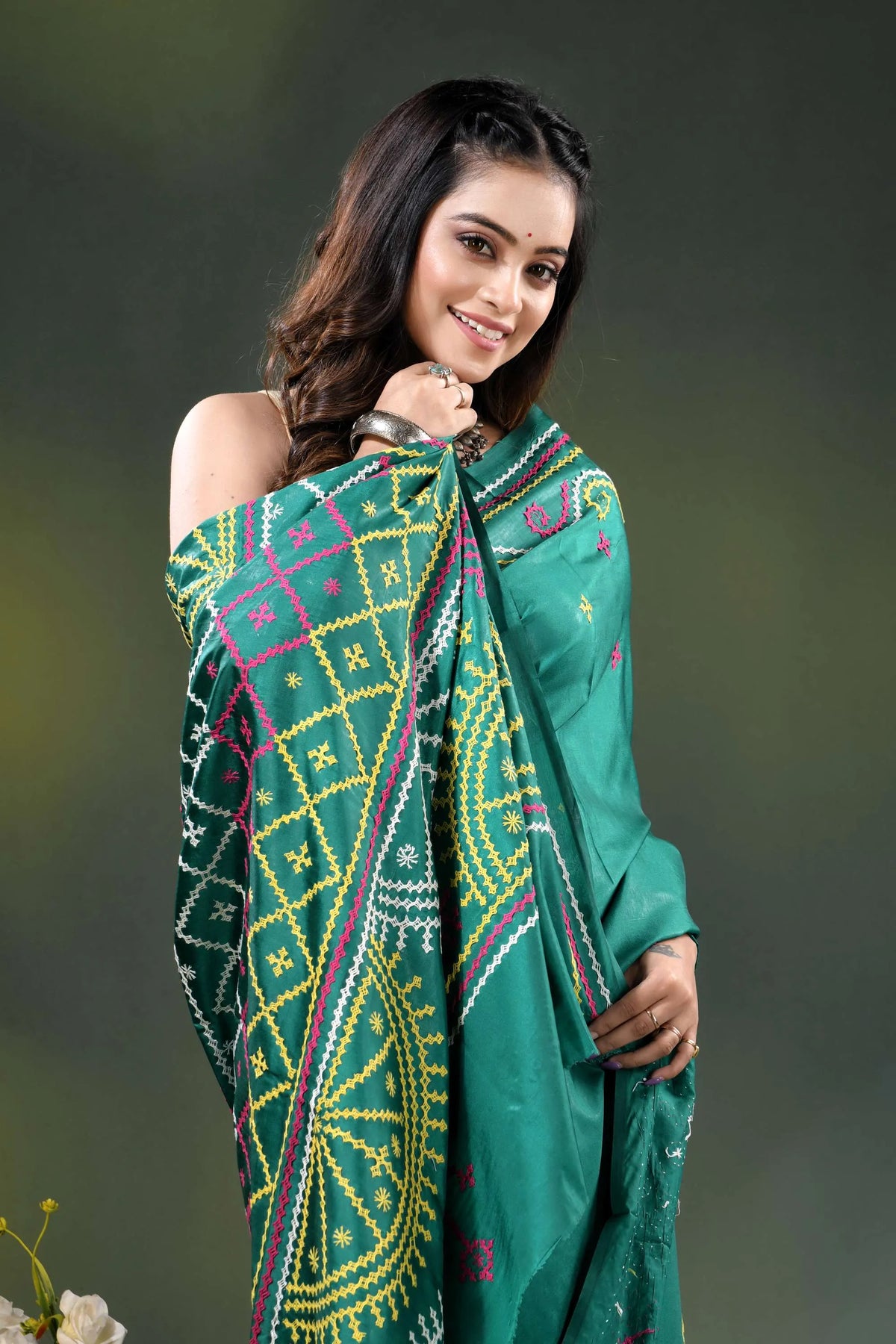 Dark blue green silk gujrati stitch saree with multicolor thread work 2