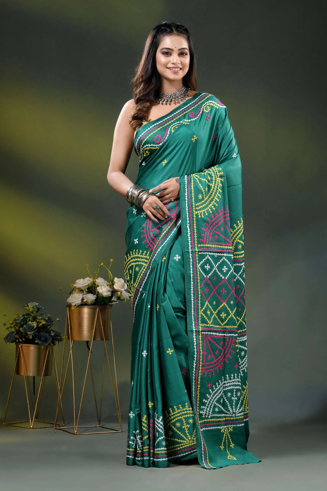 Dark blue green silk gujrati stitch saree with multicolor thread work 1