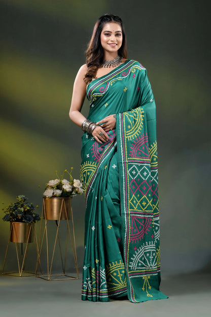 Dark blue green silk gujrati stitch saree with multicolor thread work 1