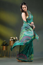 Dark blue green silk gujrati stitch saree with multicolor thread work 4