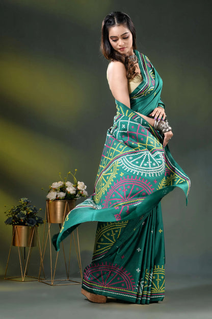Dark blue green silk gujrati stitch saree with multicolor thread work 4