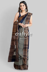 Dark Blue Hand Block Printed Pure Tussar Silk Saree with Zari Border - Craftyle