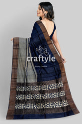 Dark Blue Hand Block Printed Pure Tussar Silk Saree with Zari Border - Craftyle