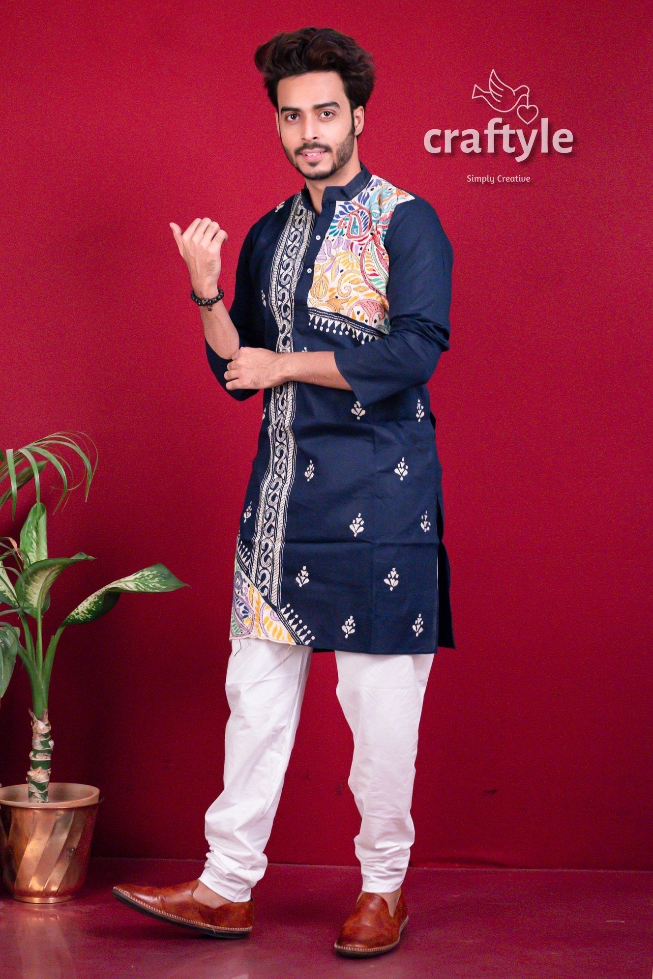 Dark Blue Kantha Work Cotton Punjabi for Men - Craftyle