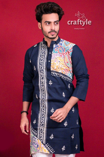 Dark blue kantha work cotton punjabi for men men’s navy kurta colorful 4