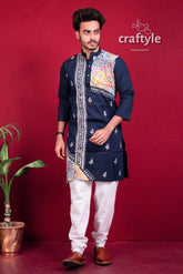 Dark Blue Kantha Work Cotton Punjabi for Men - Craftyle