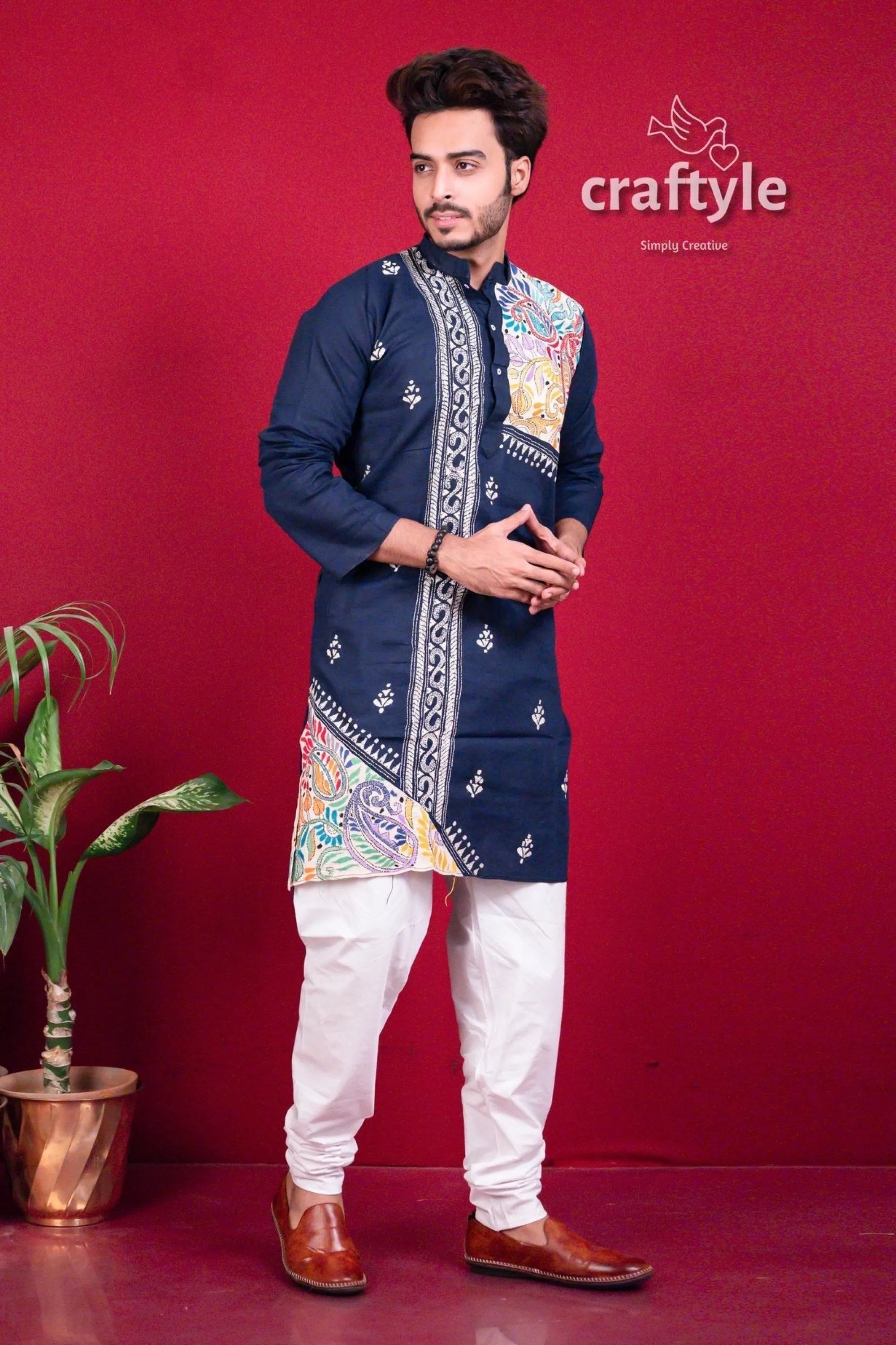 Dark blue kantha work cotton punjabi for men men’s navy embroidered kurta 2