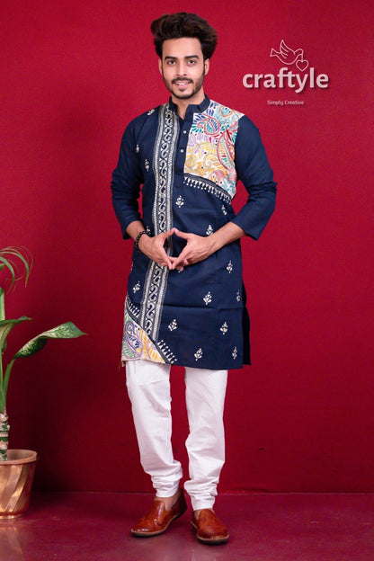 Dark blue kantha work cotton punjabi for men men’s navy kurta colorful 1