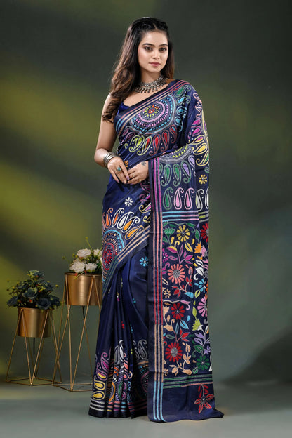 Dark blue multi-thread floral paisley motif handcrafted silk kantha saree 1