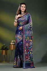 Dark blue multi-thread floral paisley motif handcrafted silk kantha saree 6