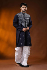 Dark blue pure cotton punjabi for men with white thread geometric kantha work 7