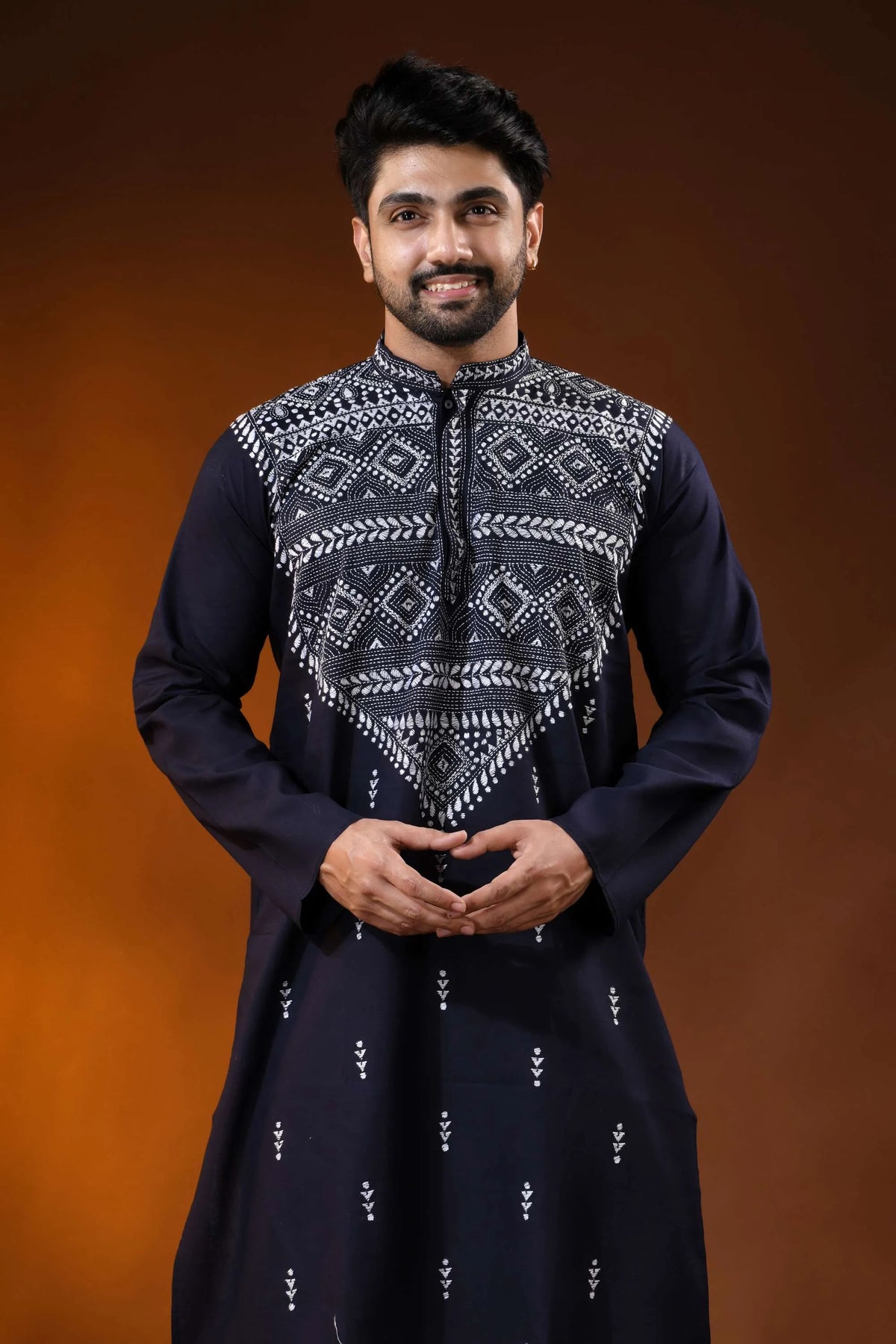 Dark blue pure cotton punjabi for men with white thread geometric kantha work 2