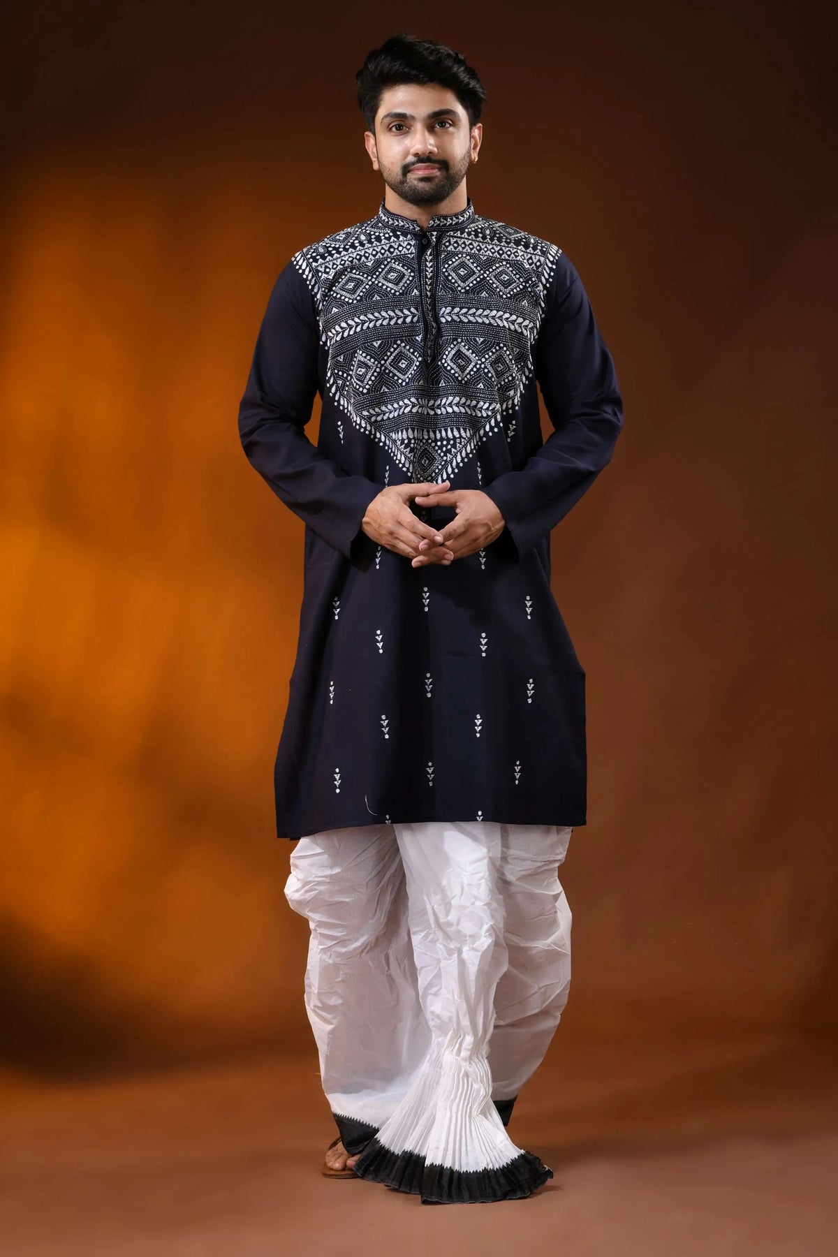 Dark blue pure cotton punjabi for men with white thread geometric kantha work 6