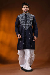 Dark blue pure cotton punjabi for men with white thread geometric kantha work 1